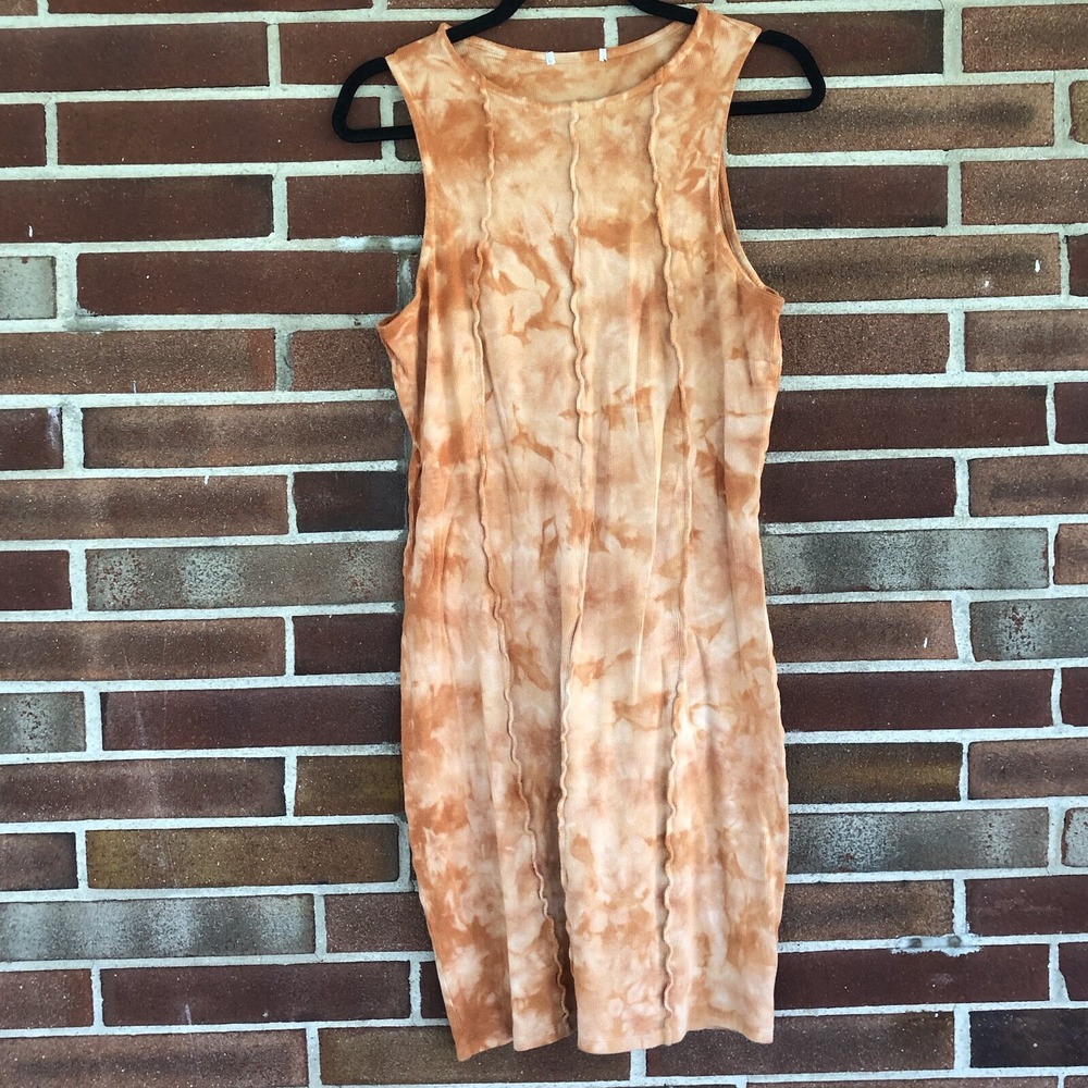 Women's Orange Tie Dye Ribbed Fitted MIDI Dress 1X A3300